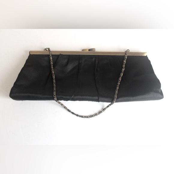 Vintage Matt Black Satin and Antiqued Brass Clutch with Chain, Evening Bag Retro - Picture 3 of 9